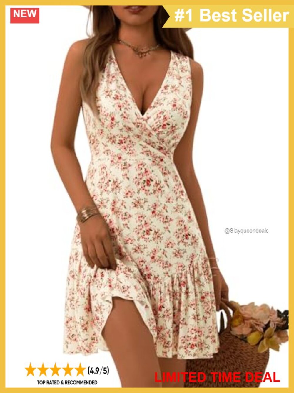 Sleeveless Faux Wrap V Neck Mini Dress Ruffle Hem Slim Waist